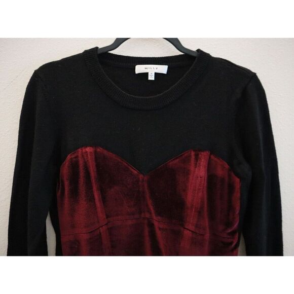 Milly New York Women's Sz M Black/Maroon Velour/Knit Corsetry Pullover Sweater - Picture 3 of 8